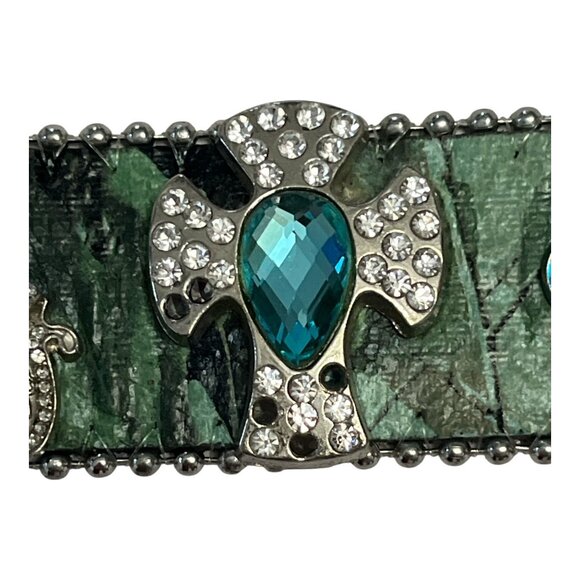 NEW w/ Flaws – XS/S Western Leather Belt w/ Turquoise Rhinestone Cross Conchos, - Picture 5 of 9
